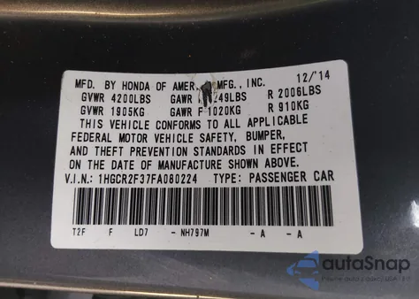 2015 Honda Accord Lx z USA, uszkodzony, nr VIN 1HGCR2F37FA080224